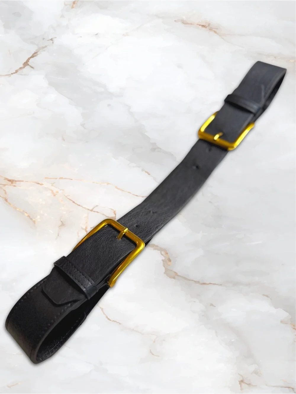 Black Waist Belt for Dressed with Gold Double Buckles in Faux Leather & Elastic
